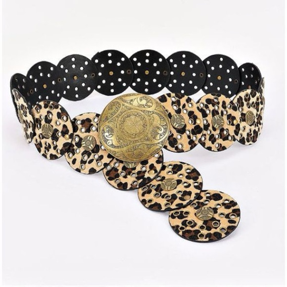 BRAND NEW WITH TAGS Leopard Faux Fur Disc Concho Belt